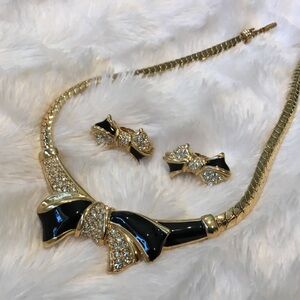 SWAROVSKI Gold, Crystals and Black Bow Necklace and Clip On Earring Set